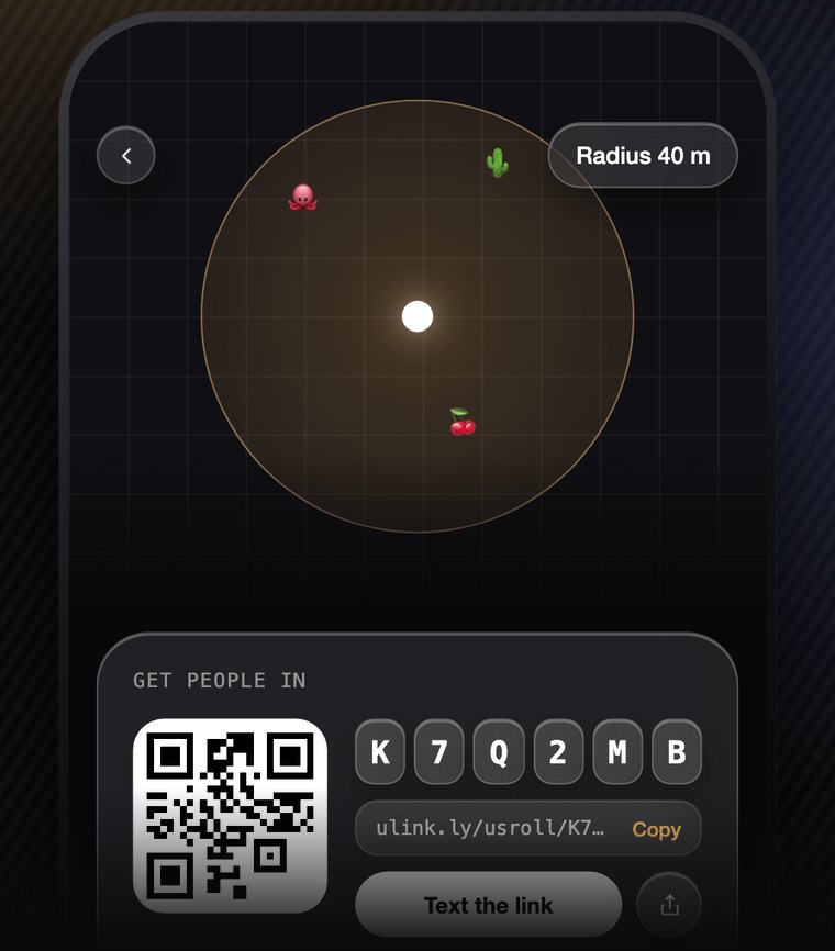 The invite screen: a map with a 40 metre circle and three people inside it, a QR code, the six-letter code K7Q2MB, and a shareable link.